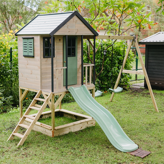 Casuta de gradina Pastel Green Adventure Cottage cu platforma, tobogan si leagan dublu (M60PGN), Wendi Toys [ps:07282bea-65c2-4115-aeae-6bc50d961be5]