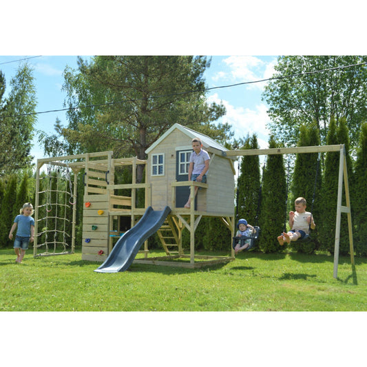 Casuta de gradina Grey Lodge cu tobogan, leagan dublu, modul sport si bucatarie (M28G_GK), Wendi Toys [ps:38f66928-f33e-42b7-a03c-ad37debc1784]