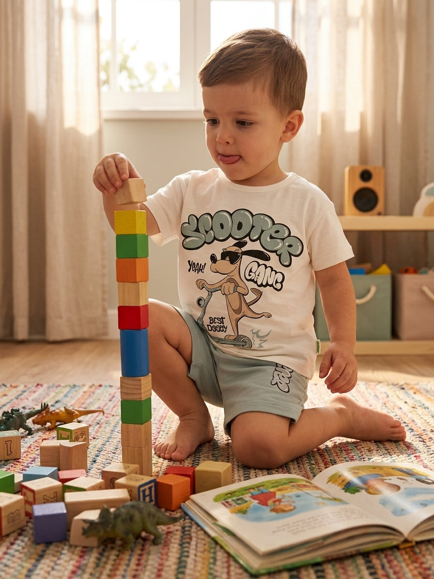 Set tricou și pantaloni scurți băieți cu imprimeu câine pe Turcoaz 3 ANI [ps:f391b65e-64e4-4d84-80a6-0d3fc044ae33]