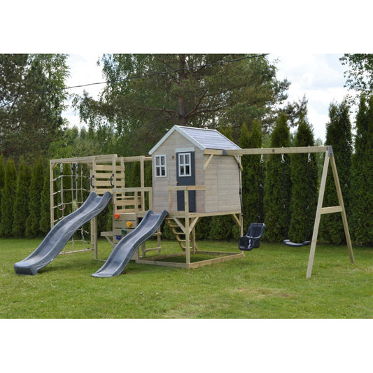 Casuta de gradina Grey Lodge cu tobogan, leagan dublu, modul sport si bucatarie (M28G_GK), Wendi Toys [ps:6e377194-e954-439d-8d4d-1144e2f5a1f9]
