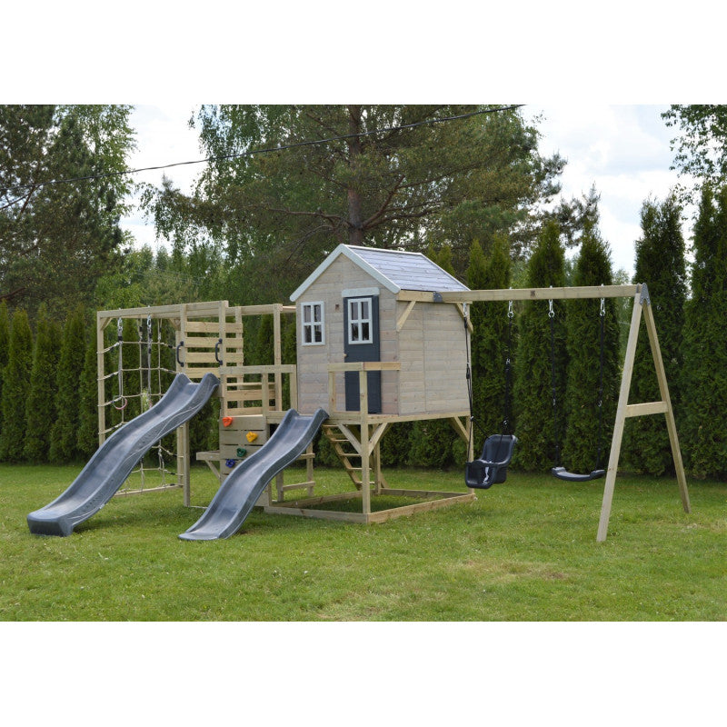 Casuta de gradina Grey Lodge cu tobogan, leagan dublu, modul sport si bucatarie (M28G_GK), Wendi Toys [ps:6e377194-e954-439d-8d4d-1144e2f5a1f9]
