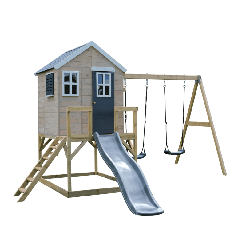 Casuta de gradina Grey Lodge cu platforma, tobogan si leagan dublu (M28G), Wendi Toys [ps:981b635d-4d42-4b1e-a69f-f54de1677b2a]