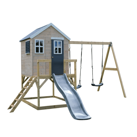 Casuta de gradina Grey Lodge cu platforma, tobogan si leagan dublu (M28G), Wendi Toys [ps:981b635d-4d42-4b1e-a69f-f54de1677b2a]