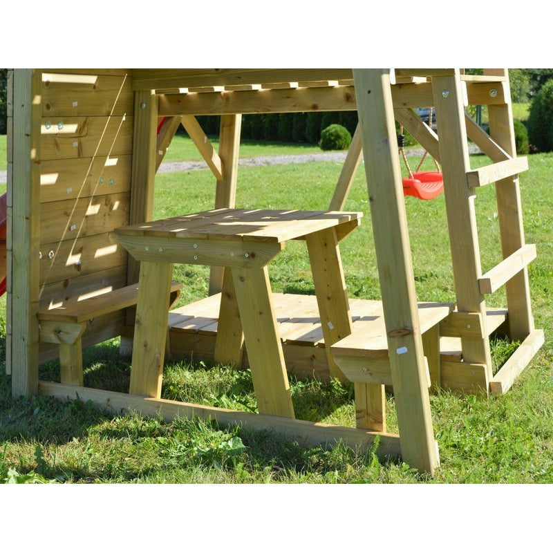 Turn de joaca cu 2 platforme, panou de catarare, tobogan, leagan, masuta de picnic cu bancute si lada de nisip [ps:fed8c13b-1312-4fde-98cd-566fbb4e31ca]