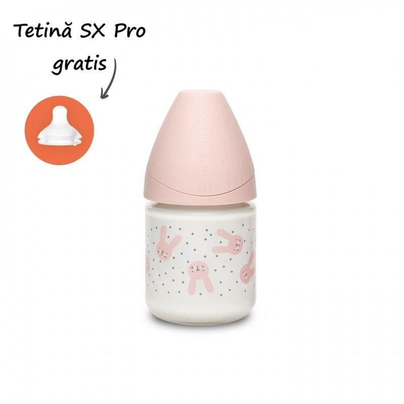 Biberon din sticlă 120 ml cu tetină rotundă din silicon, - Roz [ps:ec2a7060-c73d-4c3e-8853-3217258a1011]
