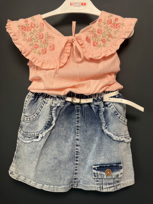 Set bluză piersică cu broderie florală și fustă denim cu - 2 ANI (5) [ps:36c1109b-743f-4611-8256-d8cac80dc6ad]