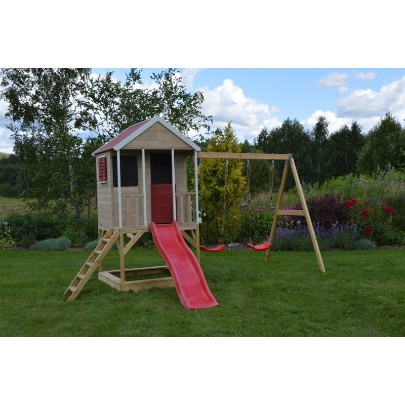 Casuta de gradina Summer Adventure House cu platforma cu loc pentru nisip, tobogan si leagan dublu (M29R), Wendi Toys [ps:4672065c-881d-48a8-8ae2-9d82be9e304d]