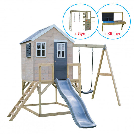 Casuta de gradina Grey Lodge cu tobogan, leagan, modul sport si bucatarie, Wendi Toys [ps:bc8bfd5d-93e3-4b6e-a132-30265844411a]