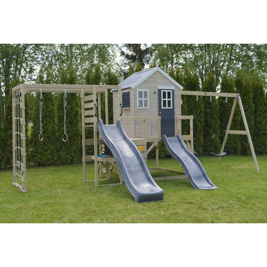 Casuta de gradina Grey Lodge cu tobogan, leagan dublu, modul sport si bucatarie (M28G_GK), Wendi Toys [ps:9cf597b3-9112-4f01-95ed-46b361659a32]