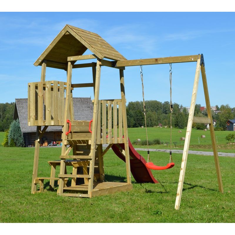 Turn de joaca cu 2 platforme, panou de catarare, tobogan, leagan, masuta de picnic cu bancute si lada de nisip [ps:e4c45069-daba-4f87-839c-474bb1ad2251]
