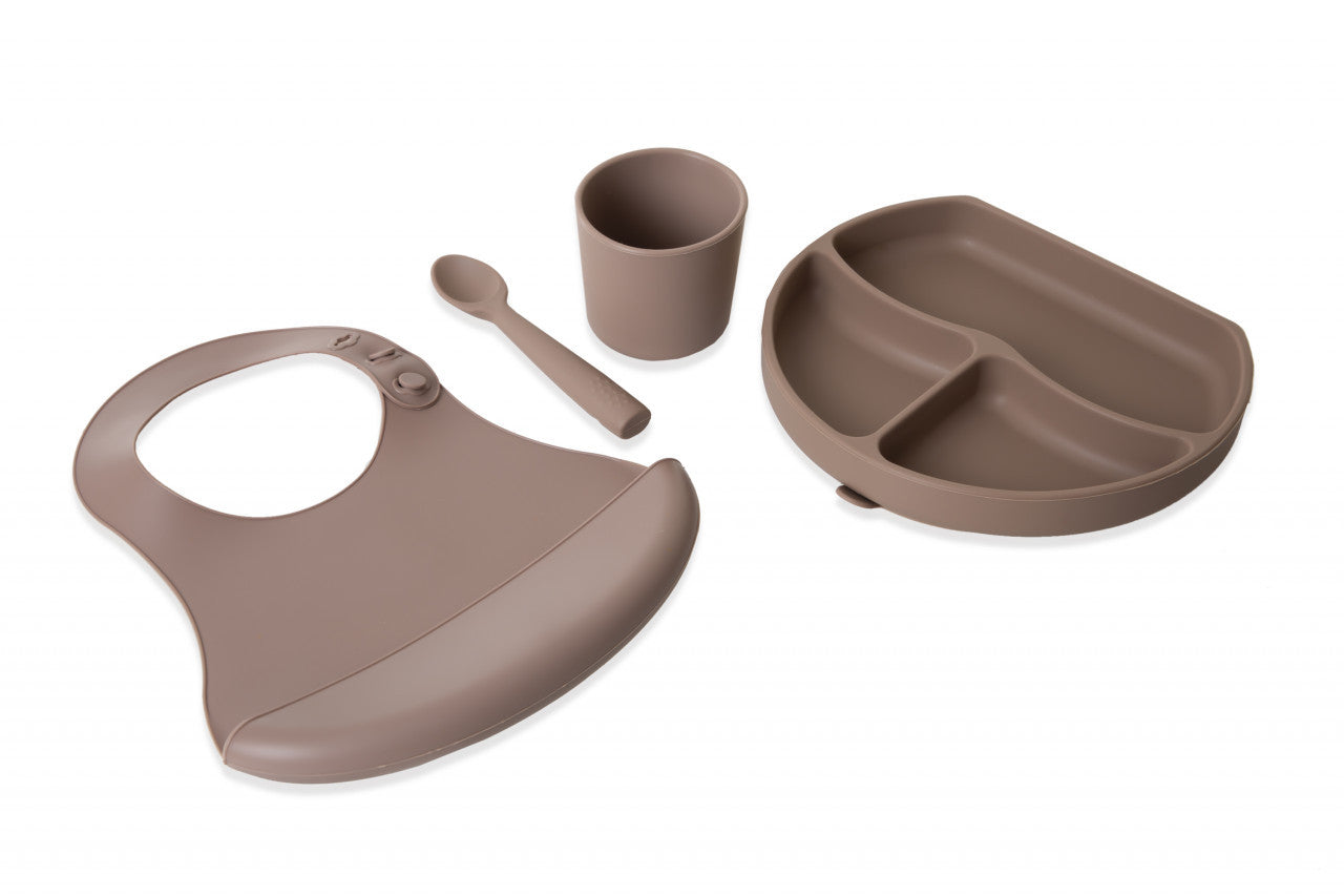 Set diversificare 4 piese din silicon BabyJem: bavetica, - Maro