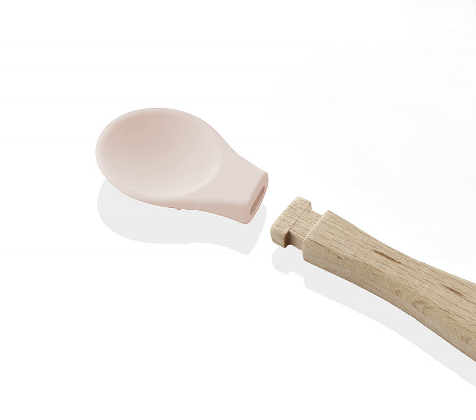 Lingurita cu maner din lemn si varf rotunjit din silicon - Roz