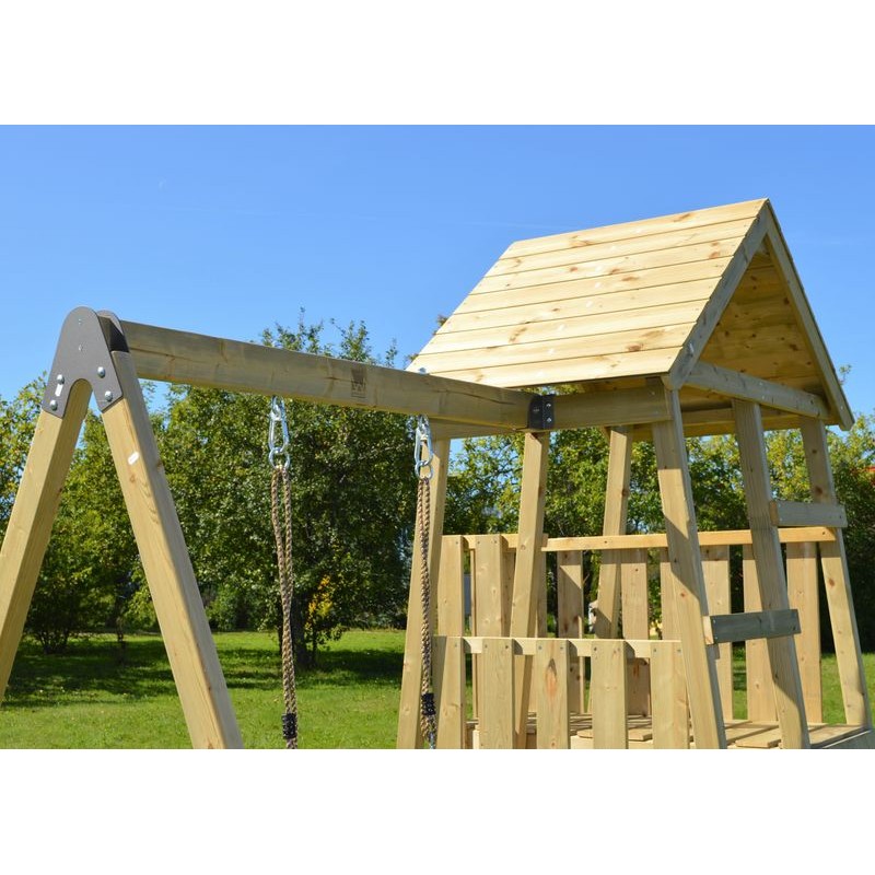 Turn de joaca cu 2 platforme, panou de catarare, tobogan, leagan, masuta de picnic cu bancute si lada de nisip [ps:427a26f0-4ce1-48b5-8c35-d30fa76a8248]