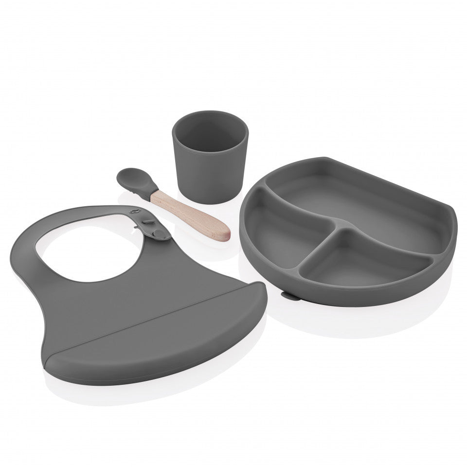Set diversificare 4 piese din silicon BabyJem: bavetica, farfurie, lingurita si pahar (Culoare: Maro) [ps:d9977041-71e7-4c6f-a859-fbcb820f5f7c]