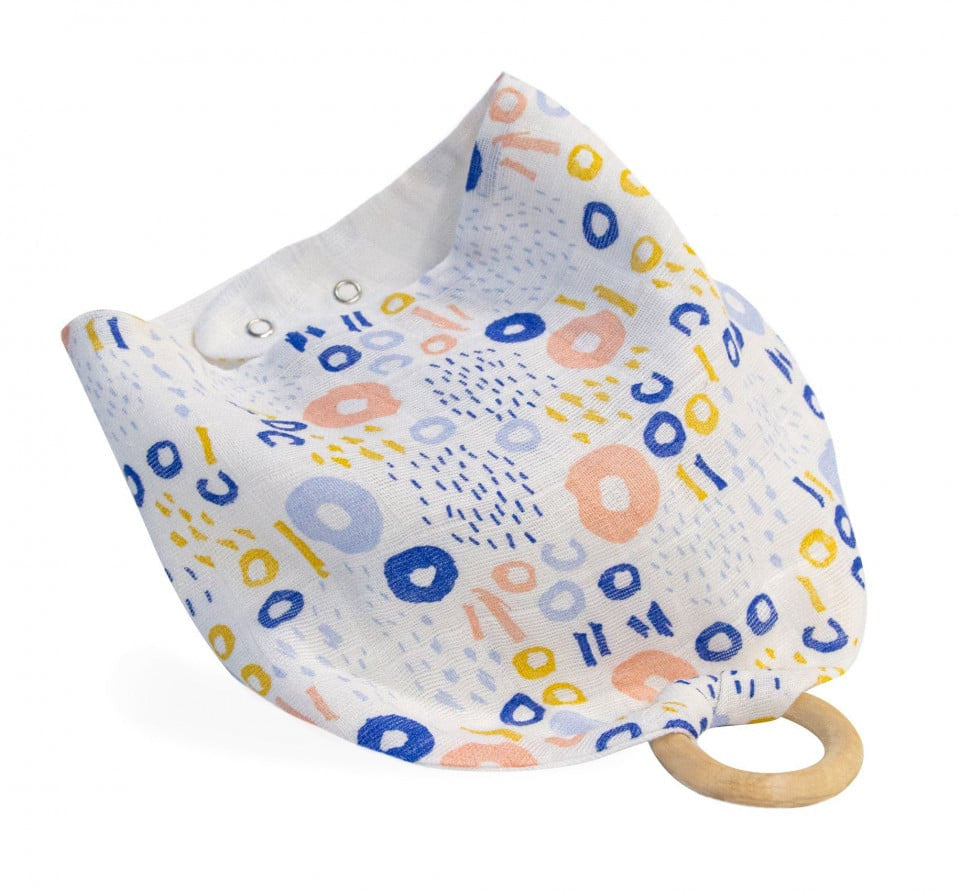 Baveta din muselina cu inel din lemn BabyJem (Model: Dino) [ps:d86de665-cc84-494a-a135-dd375edc43d9]