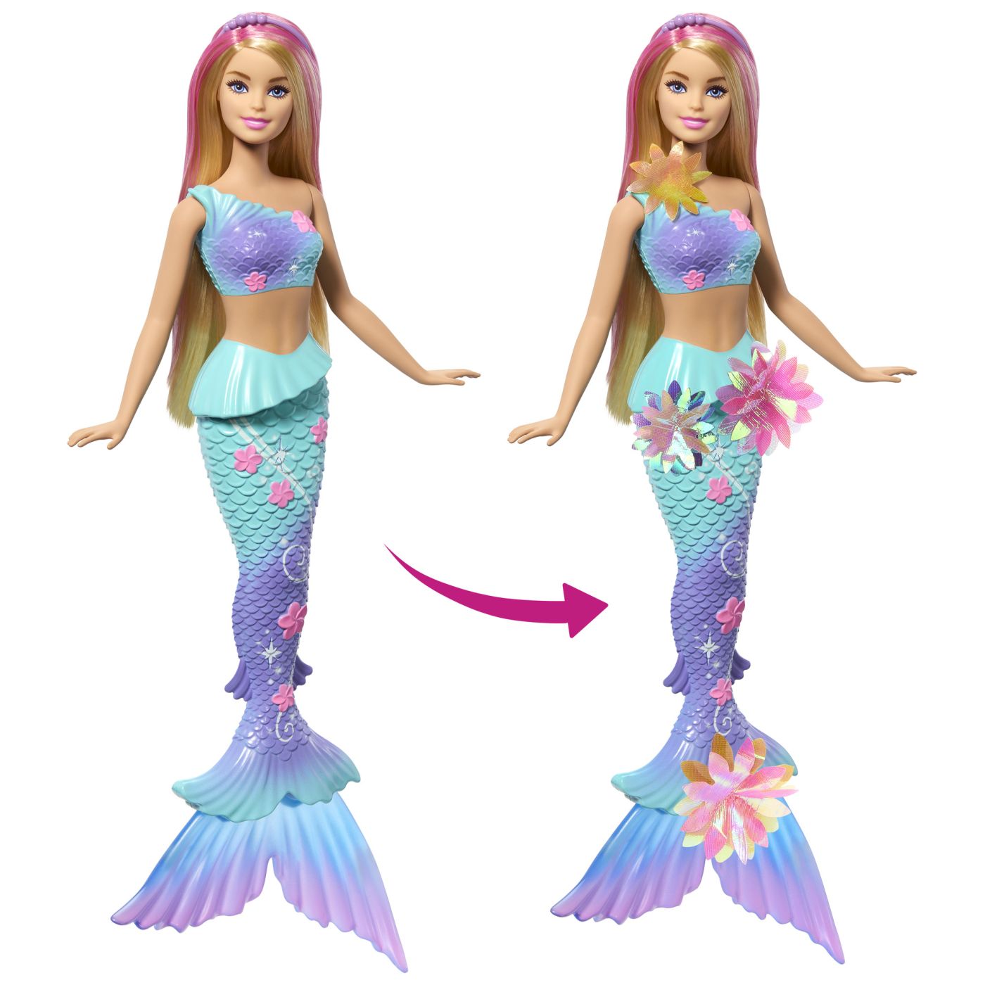 BARBIE PAPUSA SIRENA CU PAR MOV SI COADA ROZ Mattel - Imagine 10