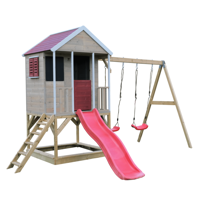 Casuta de gradina Summer Adventure House cu platforma cu loc pentru nisip, tobogan si leagan dublu (M29R), Wendi Toys [ps:e9819bf6-8259-4f59-b04f-c3c558a754b4]