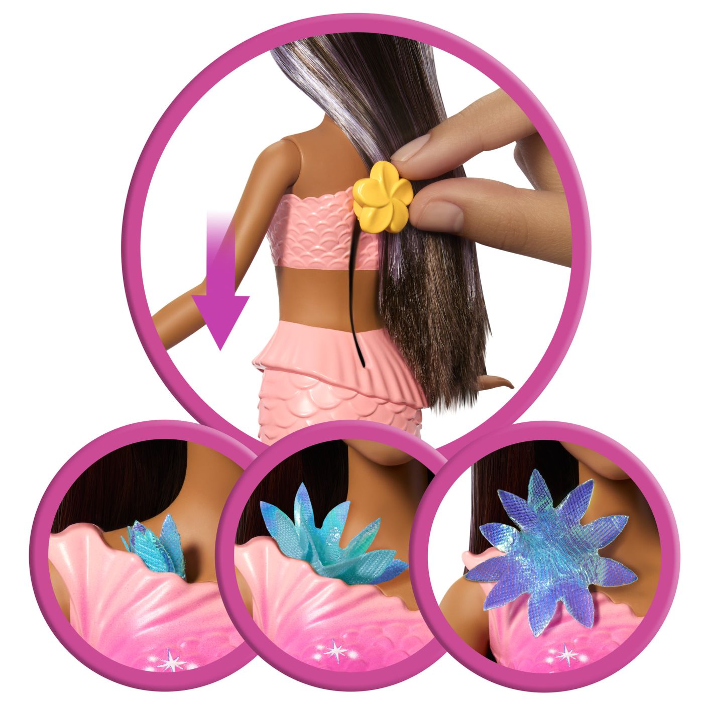 BARBIE PAPUSA SIRENA CU PAR MOV SI COADA ROZ Mattel - Imagine 18