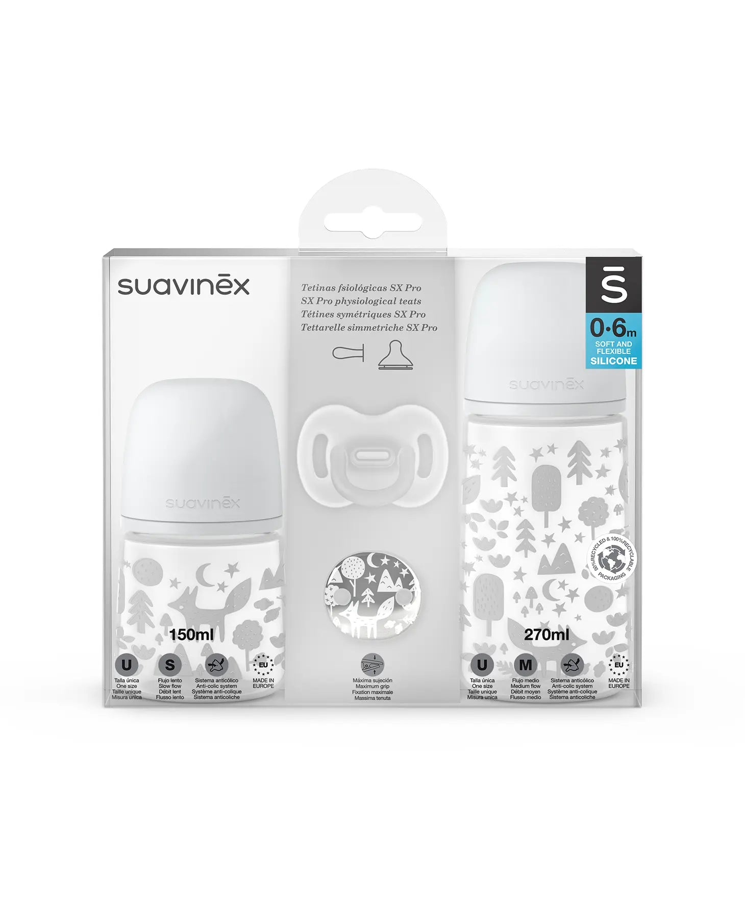 Set cadou biberon 150 ml și 270 ml, suzetă 0–6 luni, clips – Gri | Fox [ps:6597d52d-1754-4508-a4aa-2c1710aab929]