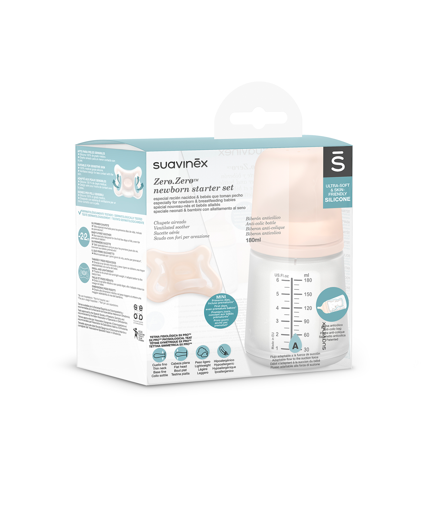 SET DE START BIBERON ANTICOLICI 180 ml + SUZETĂ -2 – 2 luni ZERO ZERO SUAVINEX Infant.ro