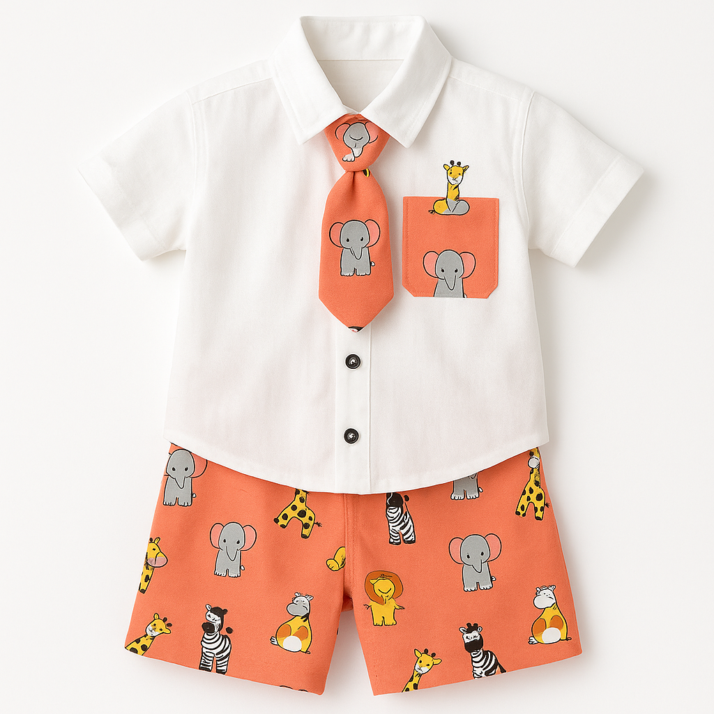 Set Aventură Safari Bumbac 100% 2-5 ani Alb/Coral