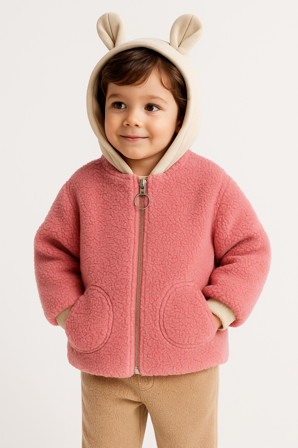 Jacheta Teddy Roz Plusata cu Gluga Urechi - Imagine 2