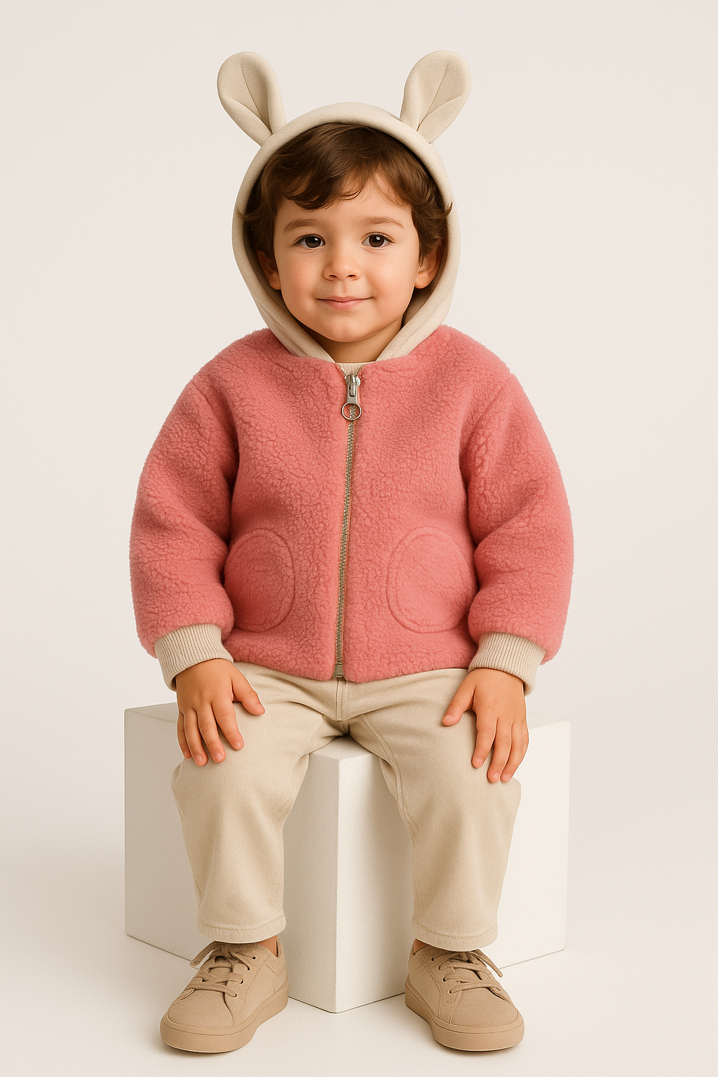 Jacheta Teddy Roz Plusata cu Gluga Urechi - Imagine 4