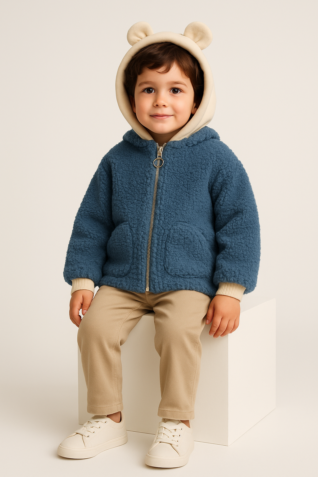 Jacheta Teddy Bleu cu Gluga Urechi Baieti 2-7 ani - Imagine 4