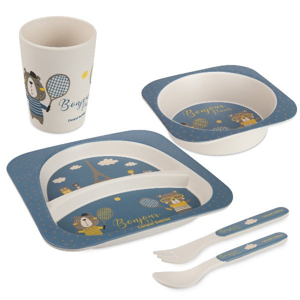 Canpol babies Set Vesela 5 Elemente BONJOUR PARIS blu (farfurie, bol, pahar, lingurita, furculita) Infant.ro