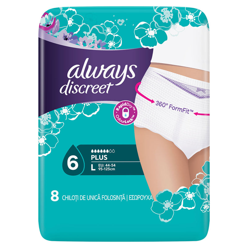 ALWAYS DISCREET, lenjerie incontinenta urinara, L, 8 buc infant-ro