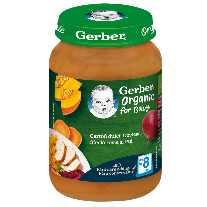 GERBER Bio, piure, cartofi dulci, dovleac, sfecla rosie si pui, 190 g infant-ro