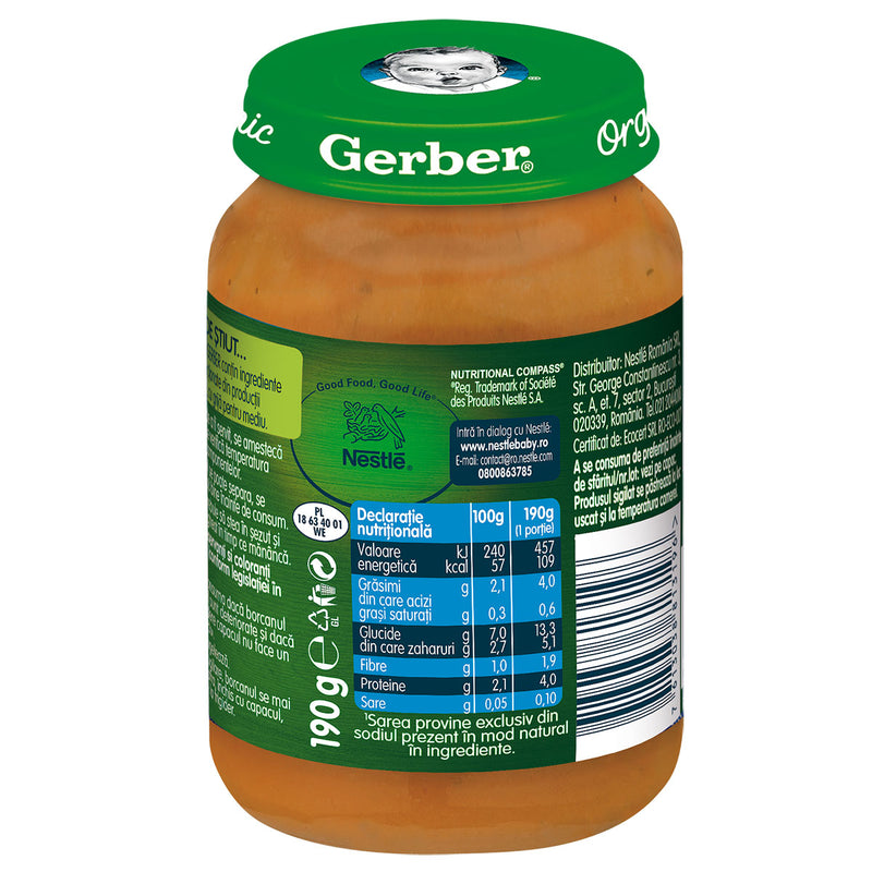 GERBER Bio, piure, cartofi dulci, dovleac, sfecla rosie si pui, 190 g infant-ro