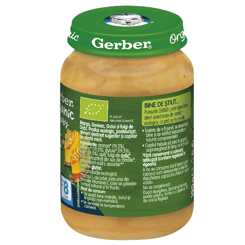 GERBER Bio, piure, mango, dovleac, gutui si fulgi de ovaz, 190 g infant-ro