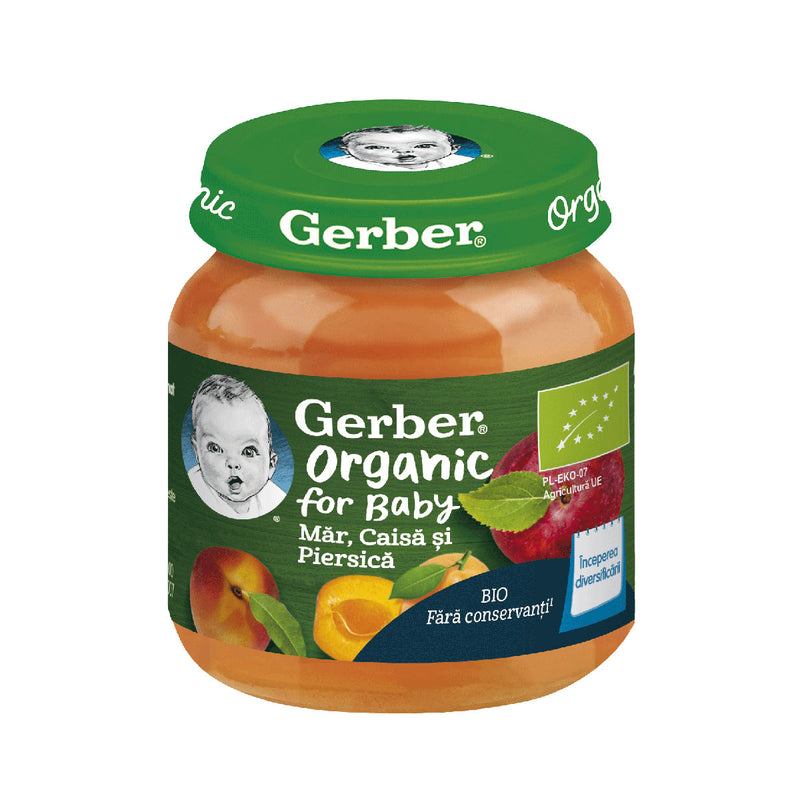 GERBER Bio, piure, mar, caisa si piersica, 125 g infant-ro