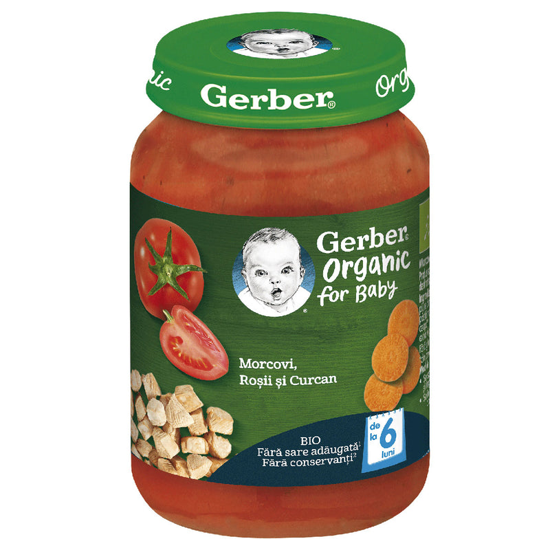 GERBER Bio, piure, morcovi, rosii si curcan, 190 g infant-ro