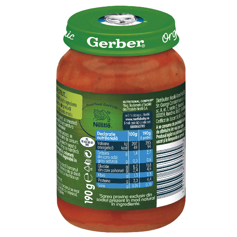 GERBER Bio, piure, morcovi, rosii si curcan, 190 g infant-ro