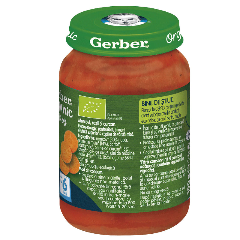 GERBER Bio, piure, morcovi, rosii si curcan, 190 g infant-ro