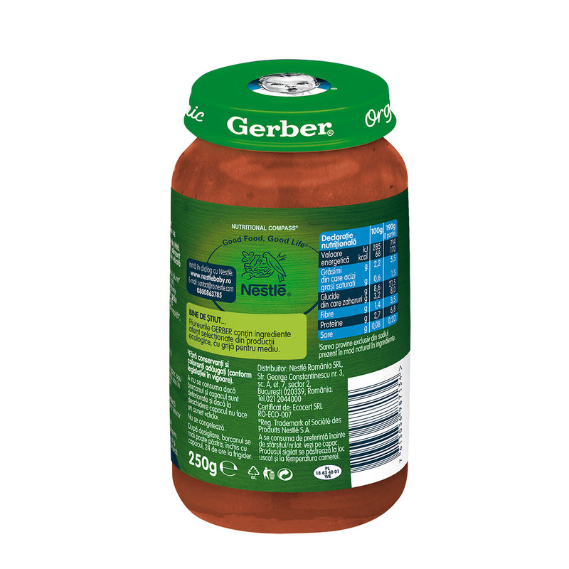 GERBER Bio, piure, spaghete integrale cu carne de vita, 250 g infant-ro