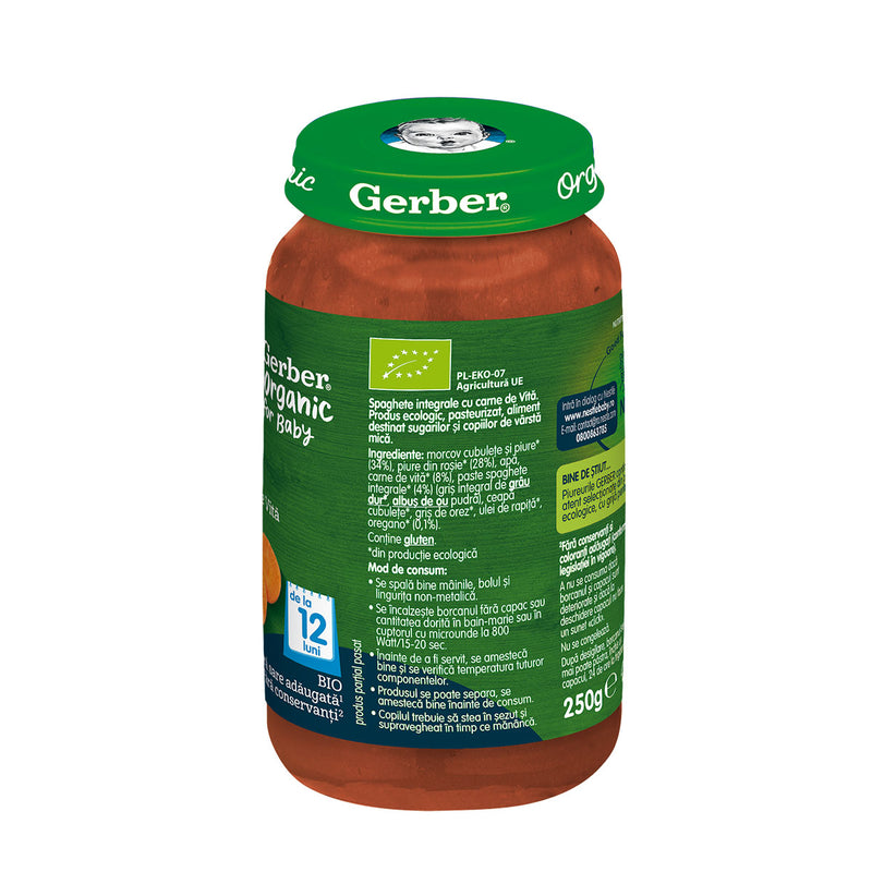 GERBER Bio, piure, spaghete integrale cu carne de vita, 250 g infant-ro