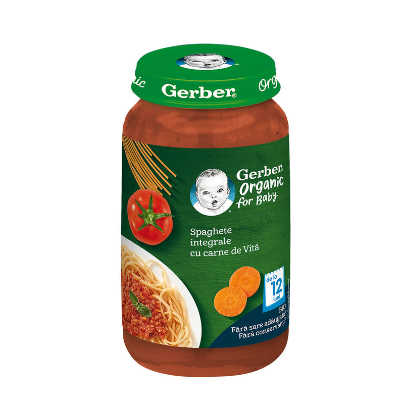 GERBER Bio, piure, spaghete integrale cu carne de vita, 250 g infant-ro