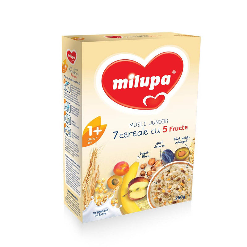 MILUPA Musli Junior 7, cereale, fara lapte, cu 5 fructe, 250 g infant-ro