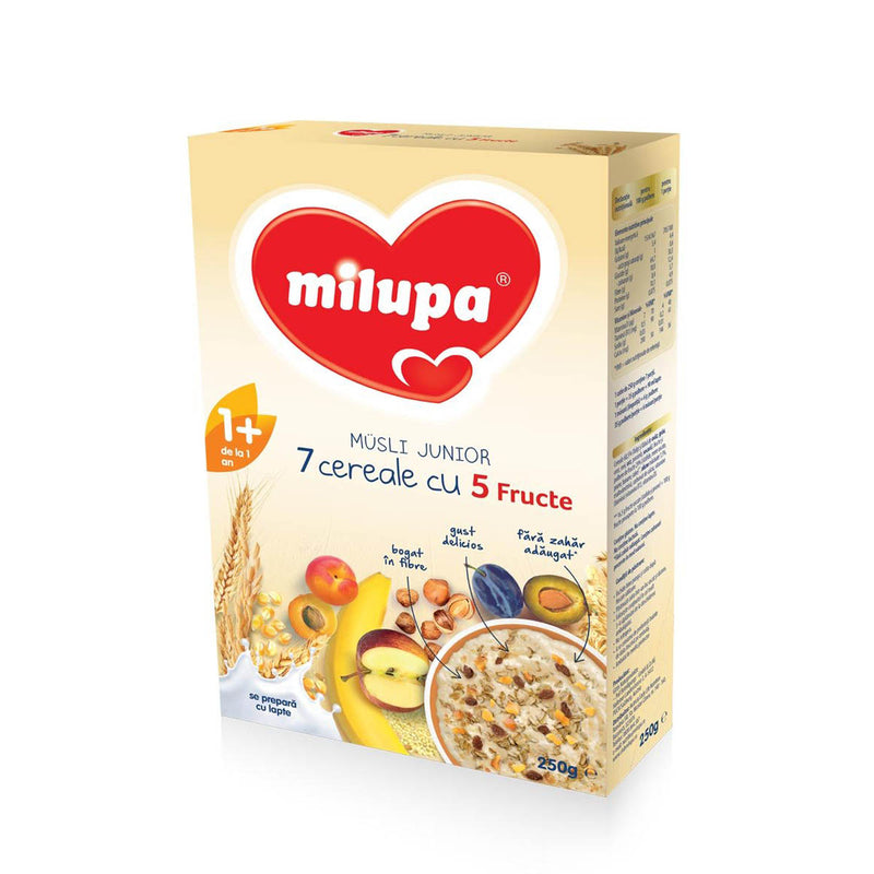 MILUPA Musli Junior 7, cereale, fara lapte, cu 5 fructe, 250 g infant-ro
