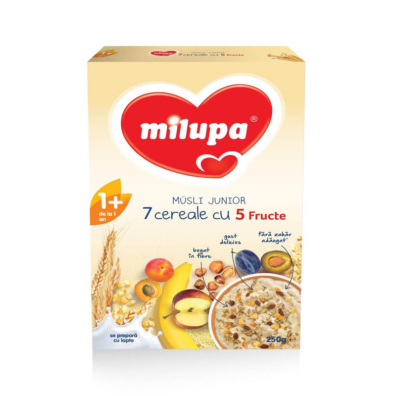 MILUPA Musli Junior 7, cereale, fara lapte, cu 5 fructe, 250 g infant-ro