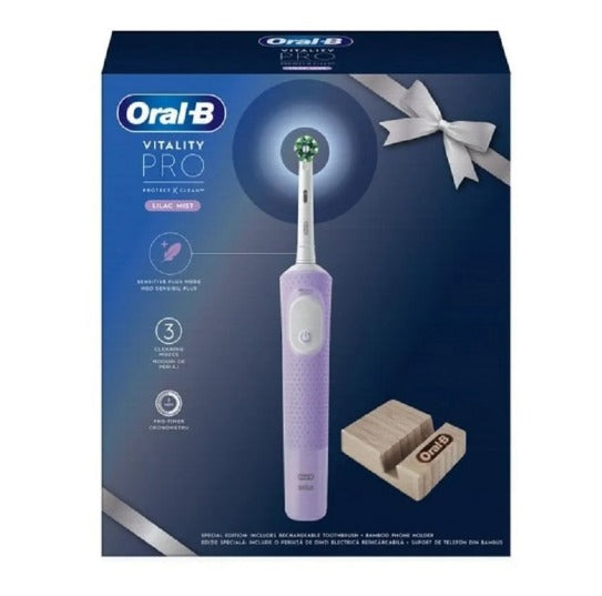 ORAL-B Vitality PRO Bamboo, periuta de dinti electrica, 3 programe, 1 capat + suport telefon bambus, Violet infant-ro