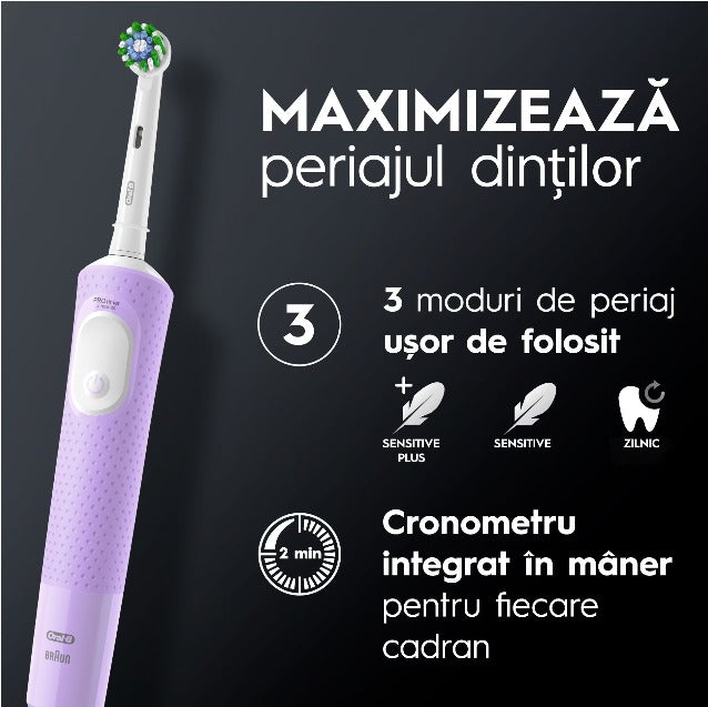 ORAL-B Vitality PRO Bamboo, periuta de dinti electrica, 3 programe, 1 capat + suport telefon bambus, Violet infant-ro