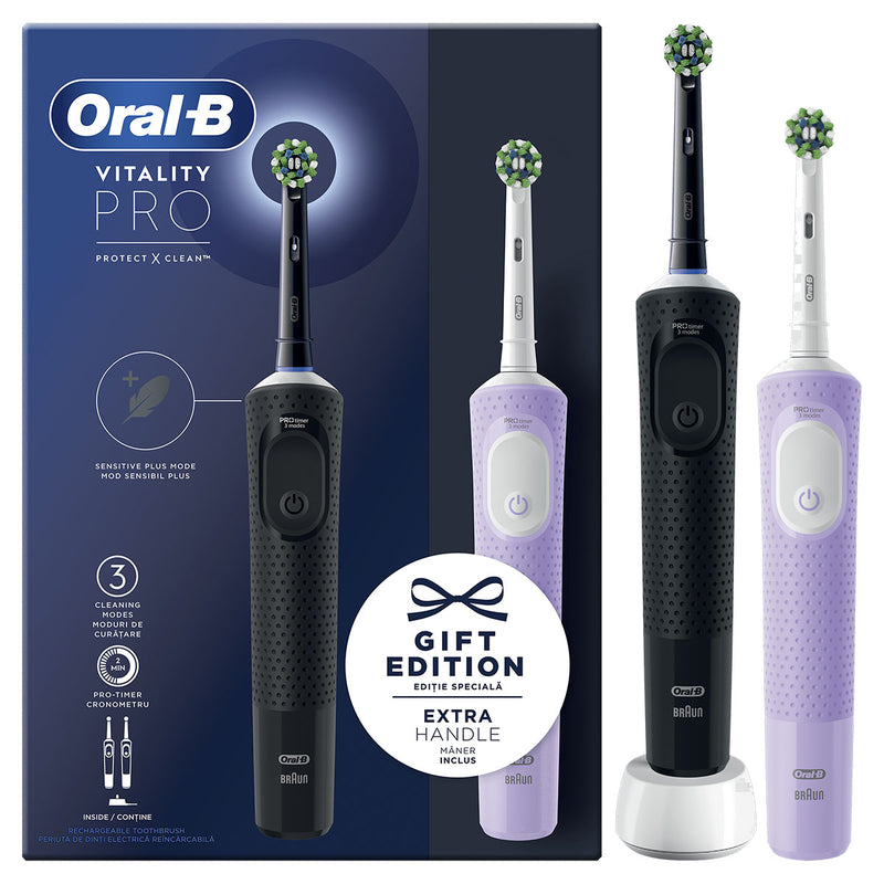 ORAL-B Vitality PRO Duo Pack, periuta de dinti electrica, 3 moduri de periaj, Negru/Mov infant-ro