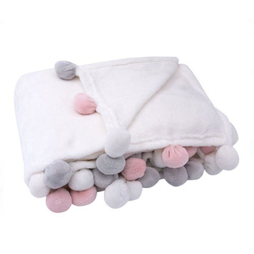 Patura Catifelata Alba cu Pompon 160x130cm infant-ro