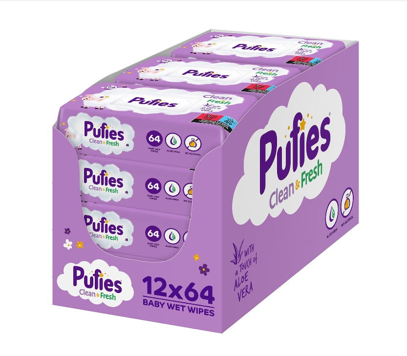 Servetele umede Pufies Clean&Fresh cu Aloe Vera, 12 pachete x 64 buc, 768 buc infant-ro