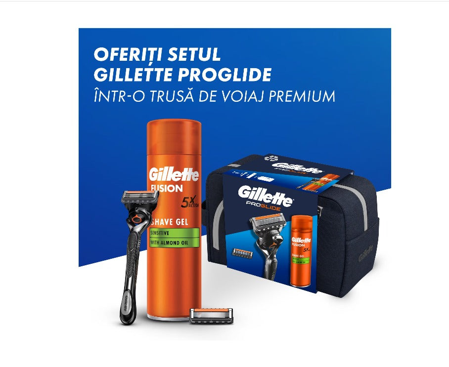 Set cadou GILLETTE Fusion Proglide, aparat de ras cu 1 rezerva + gel de ras Fusion Sensitive 200 ml + trusa de voiaj infant-ro