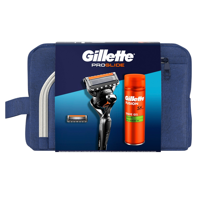 Set cadou GILLETTE Fusion Proglide, aparat de ras cu 1 rezerva + gel de ras Fusion Sensitive 200 ml + trusa de voiaj infant-ro